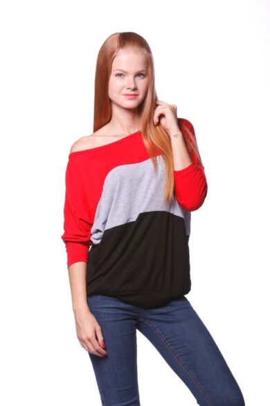 Több színből varrott, laza felső/Color Block oversize ruha - Red - Melange Grey - Black