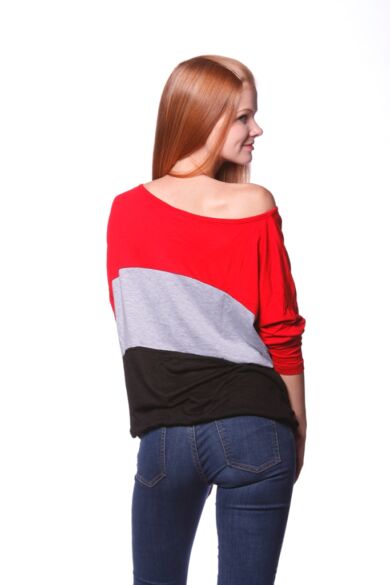 laza felső/Color Block oversize ruha - Red - Melange Grey - Black